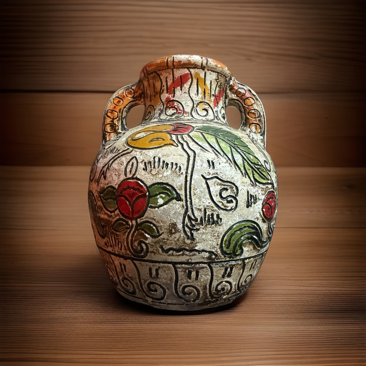 Vintage Made in Japan Double Handle Pottery Vase Bird Floral Design 6.5”