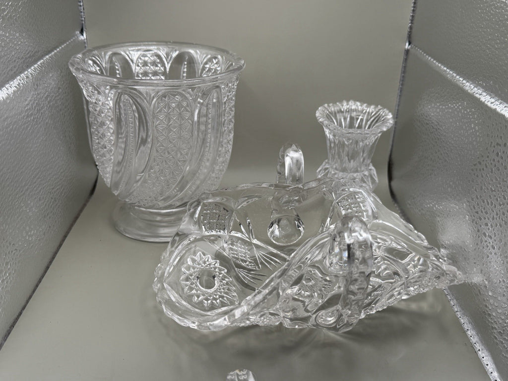 Vintage Clear Pressed Glass Lot Swan Basket Large Vase Mini Bud Vase 3 Pc