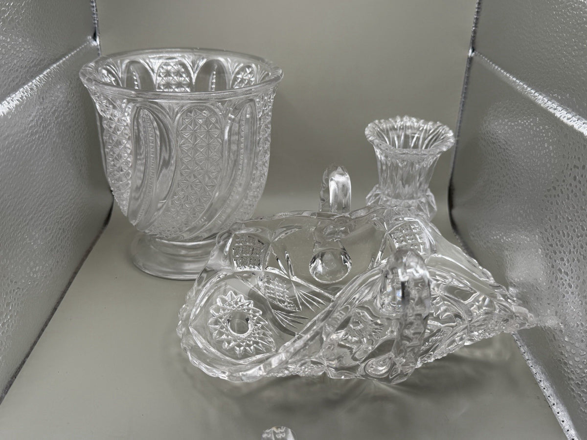 Vintage Clear Pressed Glass Lot Swan Basket Large Vase Mini Bud Vase 3 Pc