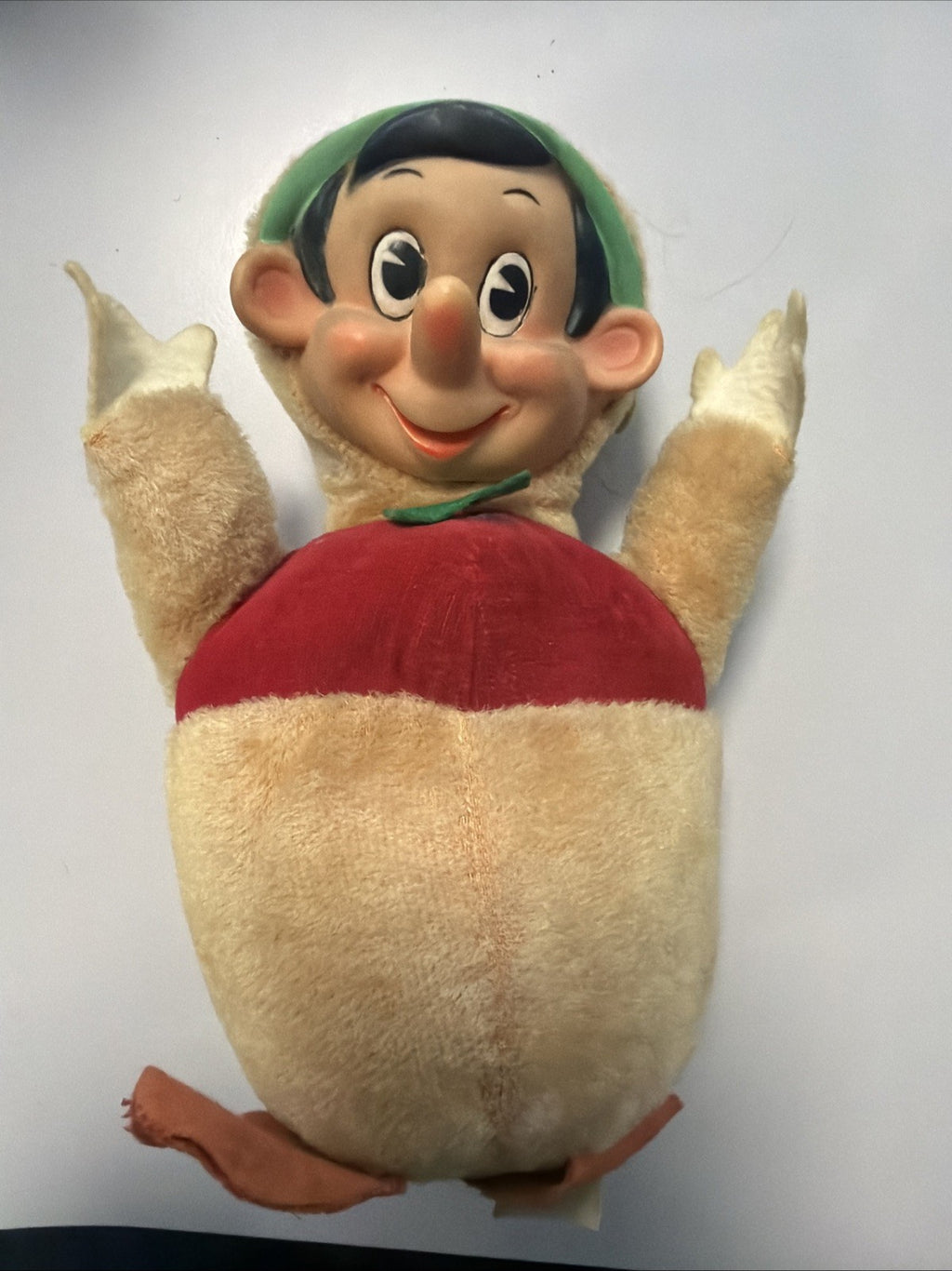 Vintage Disney Pinocchio Roly Poly Plush Vinyl Head Jingle Toy