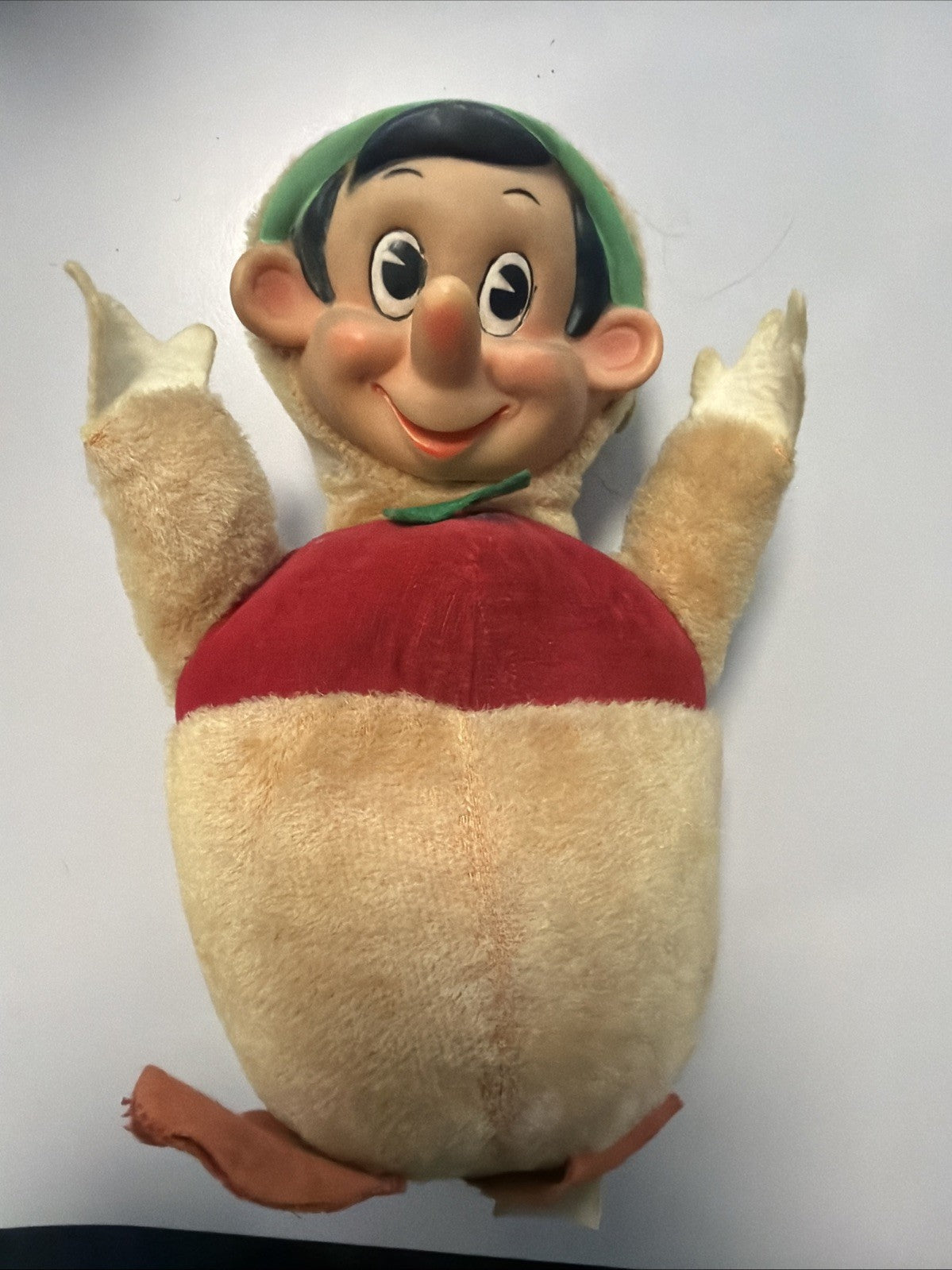 Vintage Disney Pinocchio Roly Poly Plush Vinyl Head Jingle Toy