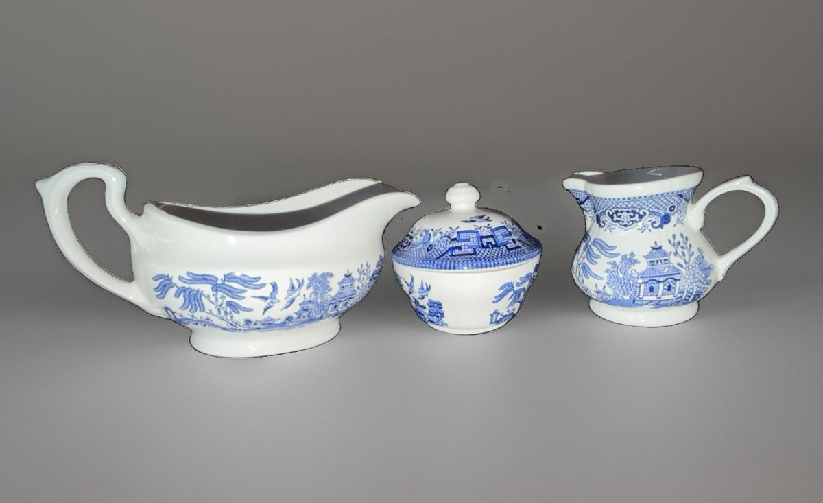 Churchill Blue Willow Gravy Boat Creamer Sugar Bowl & Lid England