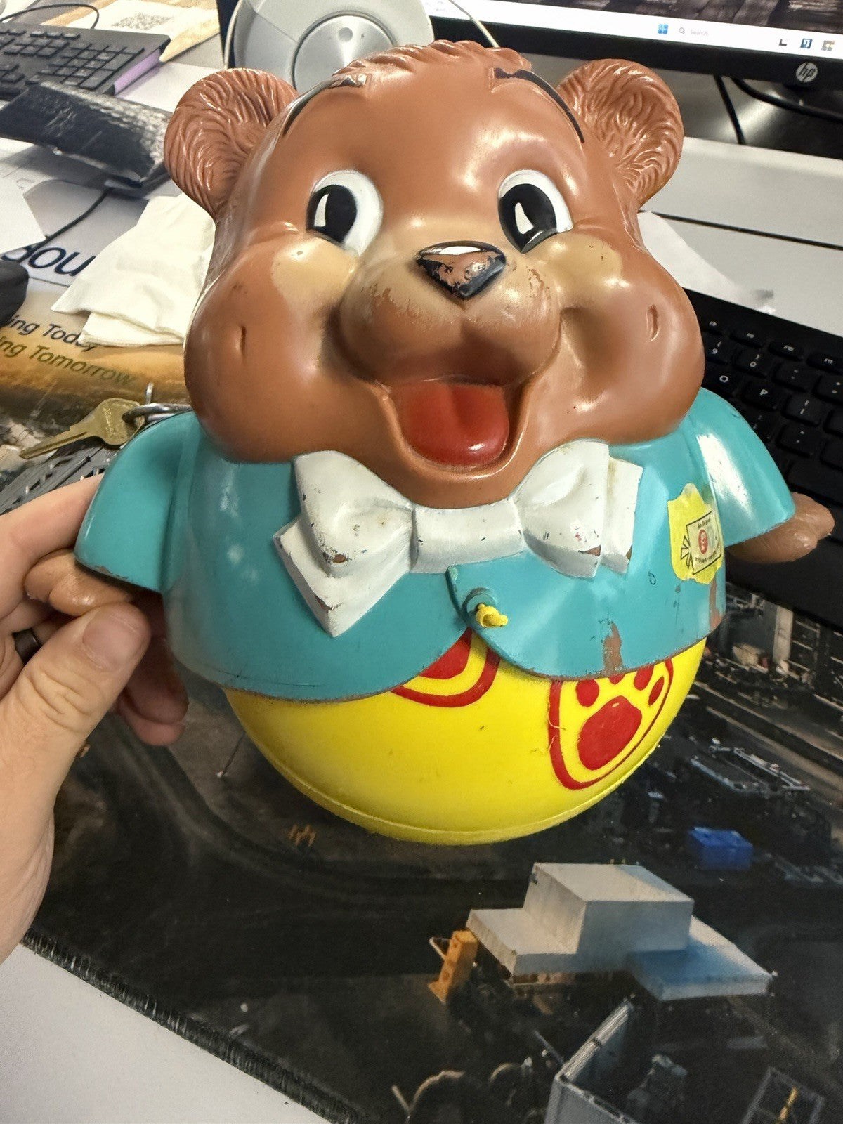 Vintage Fisher Price #164 Chubby Cub Roly Poly Bear Musical Chime Works USA