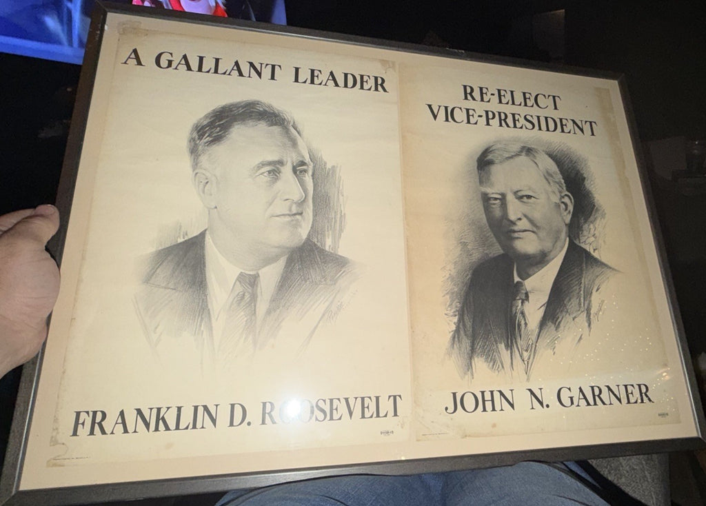 Original 1936 FDR Franklin Roosevelt  John N Garner Campaign Window Poster Frame