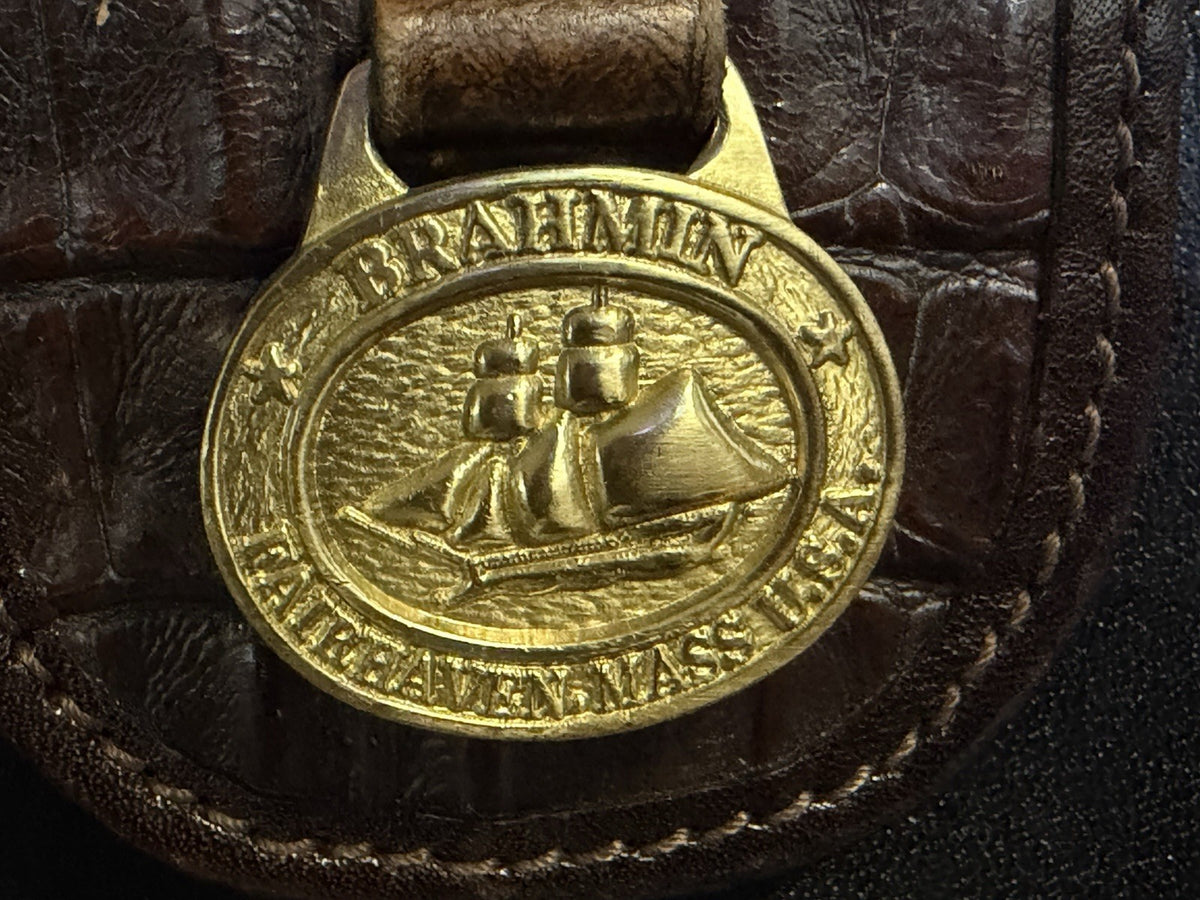 Vintage Brahmin Black Leather Tote Bag Brown Croc Trim Brass Sailboat Logo VTG – photo 8