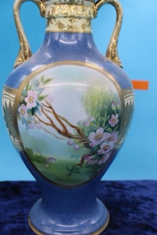 Antique Noritake Hand Painted Scenic 2 Handle Vase Blue Gold 11.5” Made Japan – photo 3