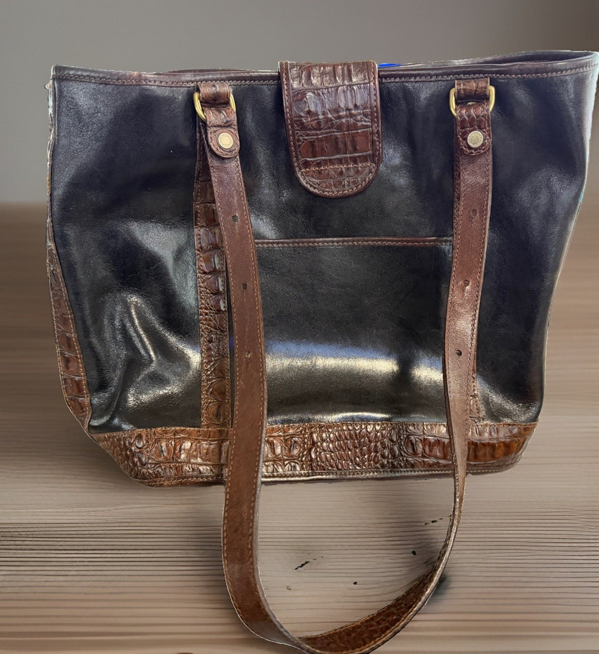 Vintage Brahmin Black Leather Tote Bag Brown Croc Trim Brass Sailboat Logo VTG – photo 3