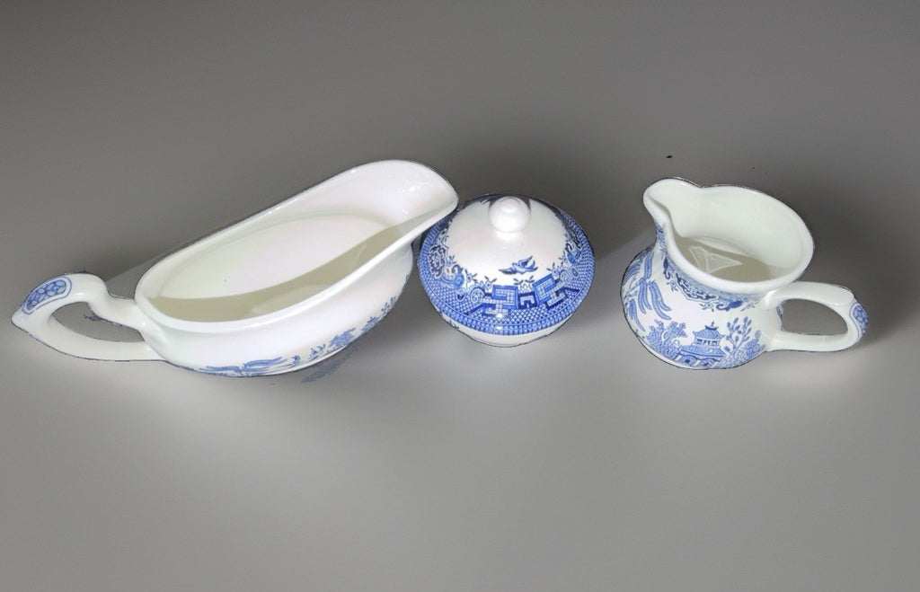 Churchill Blue Willow Gravy Boat Creamer Sugar Bowl & Lid England – photo 2