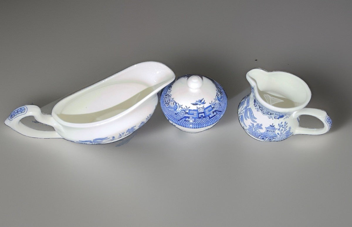 Churchill Blue Willow Gravy Boat Creamer Sugar Bowl & Lid England – photo 2