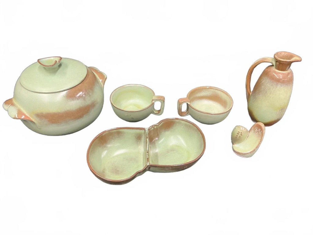 Vintage Frankoma Pottery Prairie Green Condiment/Relish Set Lot, Red Clay As-Is