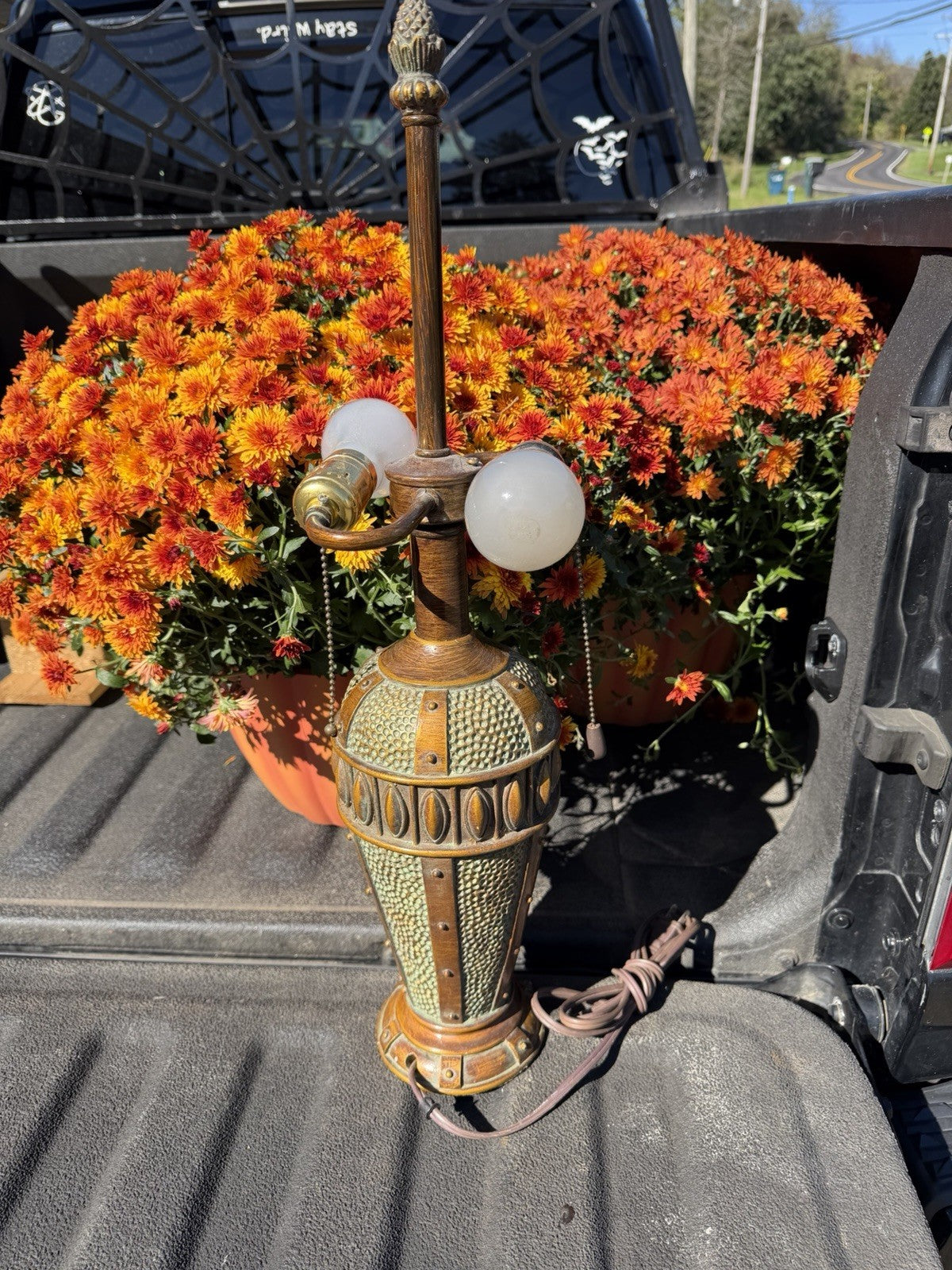 Vintage Urn Table Lamp Dual Pull Chain Sockets Green Brown Finish No Shade