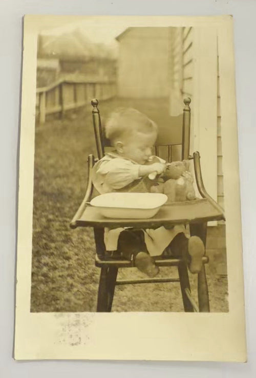 1908 RPPC Baby Teddy Bear High Chair Postcard Antique Photo Connersville Indiana