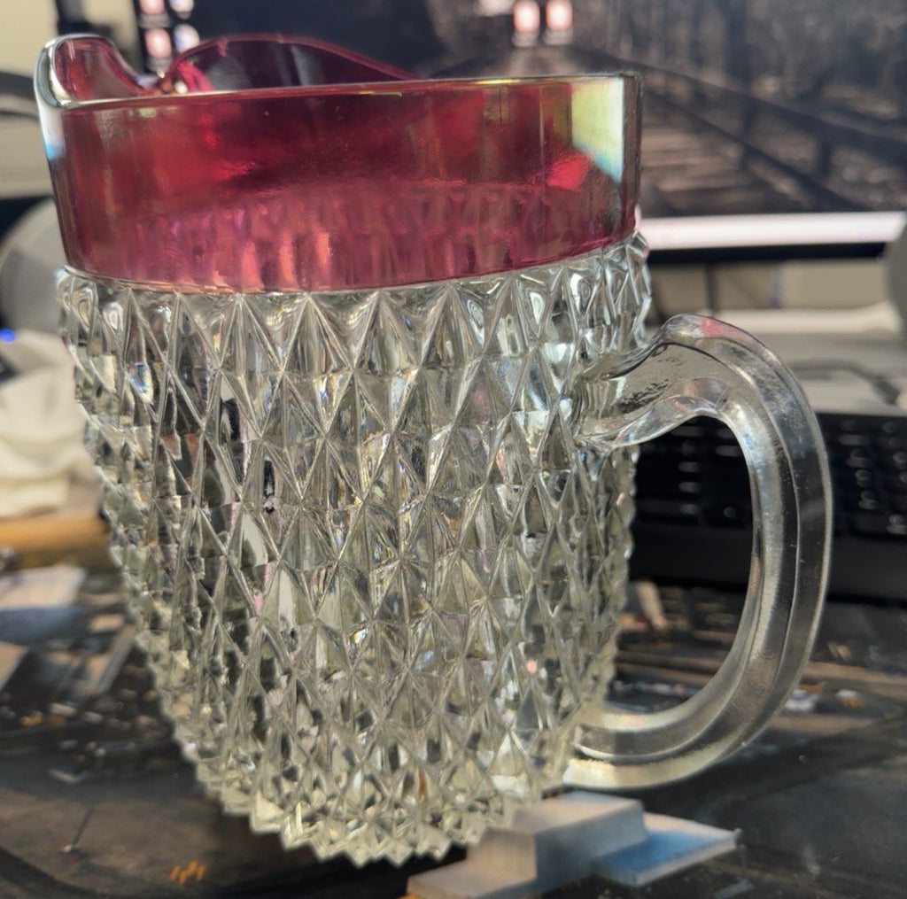 Vintage Indiana Glass Diamond Point Ruby Flash Water Pitcher Heavy 8” No Cracks – photo 2