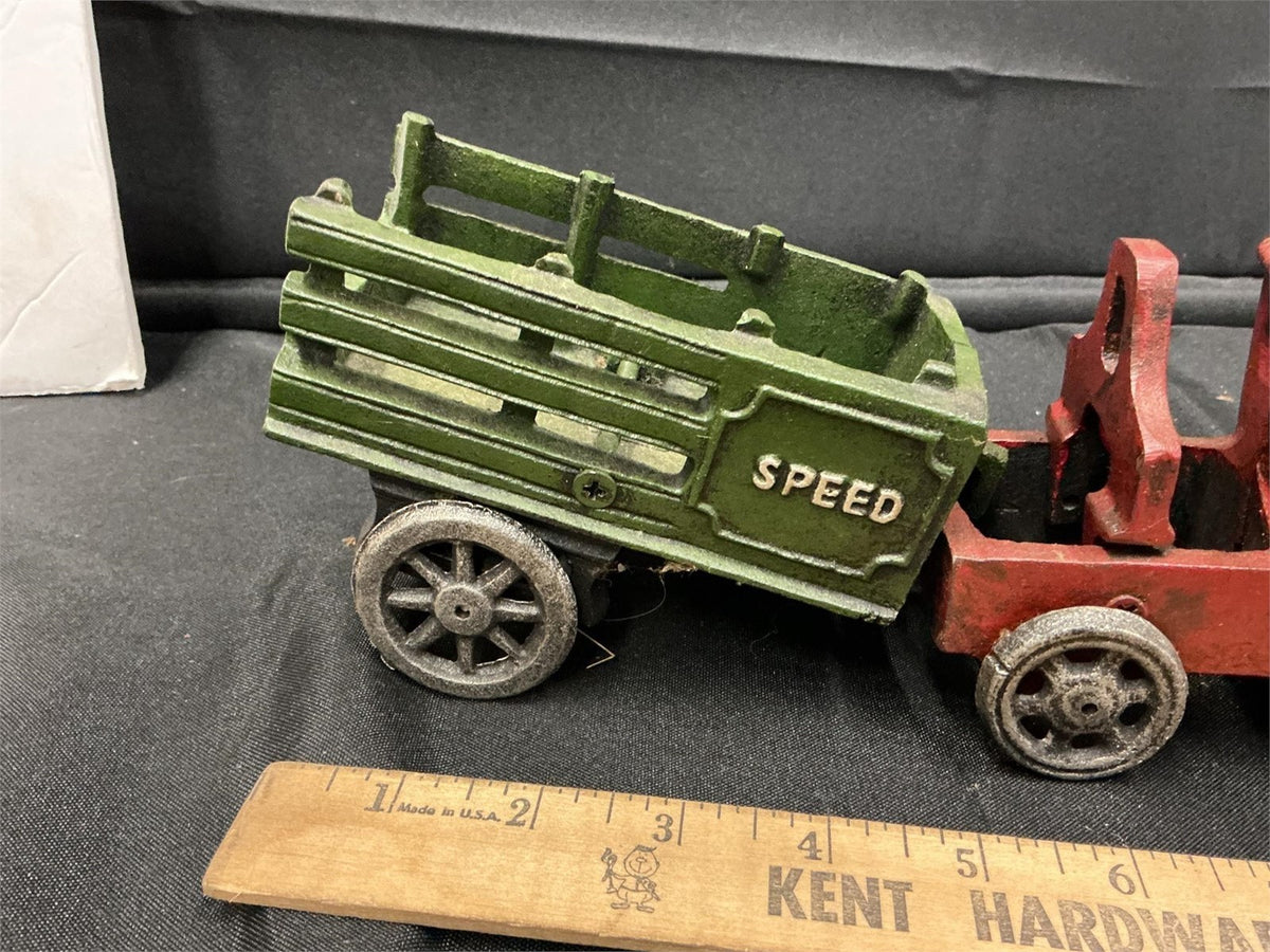 Decorative Cast Iron Style Toy Wrecker Semi Truck & Green SPEED Trailer Lot – photo 3