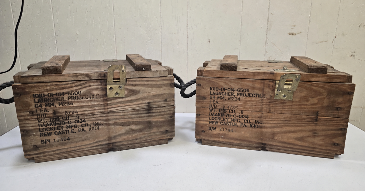 Pair Vintage 1984 US Military Surplus Wooden Storage Crates Lockley Mfg