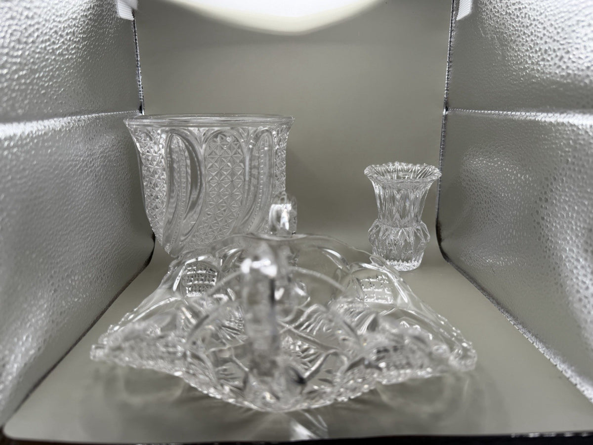 Vintage Clear Pressed Glass Lot Swan Basket Large Vase Mini Bud Vase 3 Pc – photo 3