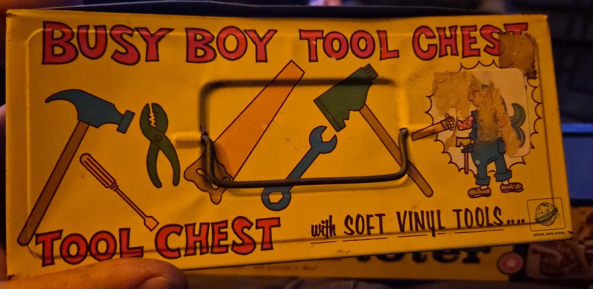 Vintage Ohio Art Busy Boy Metal Tool Chest w/ Soft Vinyl Toy Tools Partial Set