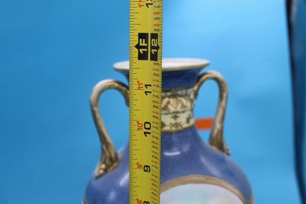 Antique Noritake Hand Painted Scenic 2 Handle Vase Blue Gold 11.5” Made Japan – photo 7