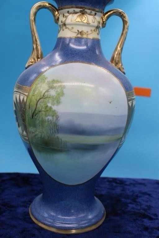 Antique Noritake Hand Painted Scenic 2 Handle Vase Blue Gold 11.5” Made Japan – photo 2