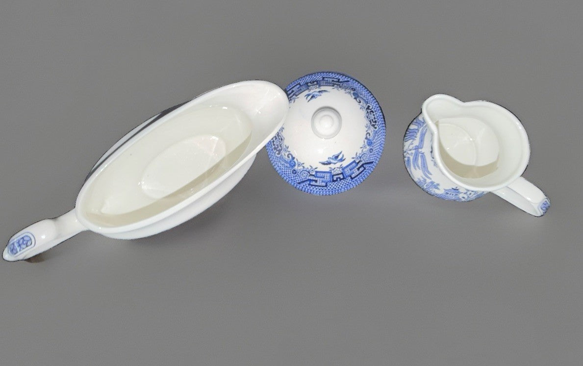 Churchill Blue Willow Gravy Boat Creamer Sugar Bowl & Lid England – photo 3