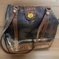 Vintage Brahmin Black Leather Tote Bag Brown Croc Trim Brass Sailboat Logo VTG