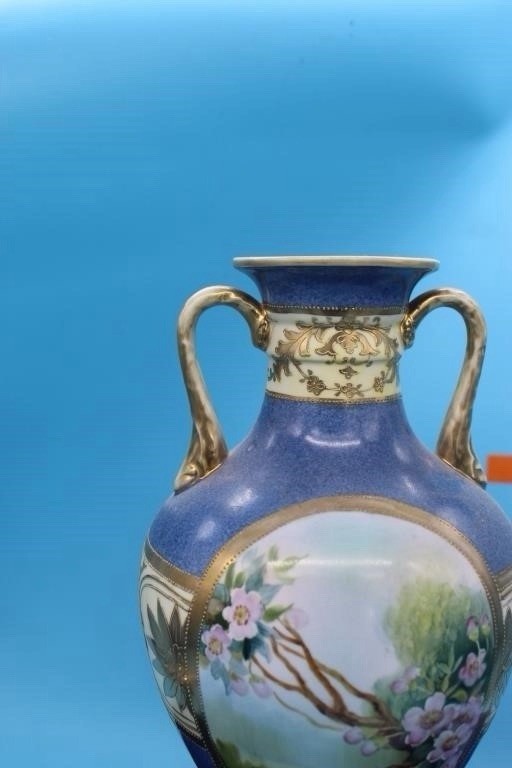 Antique Noritake Hand Painted Scenic 2 Handle Vase Blue Gold 11.5” Made Japan – photo 5