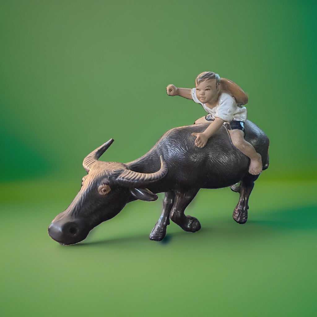 Vintage Shekwan Mudman Figurine Asian Pottery Boy on Water Buffalo Flute Missing