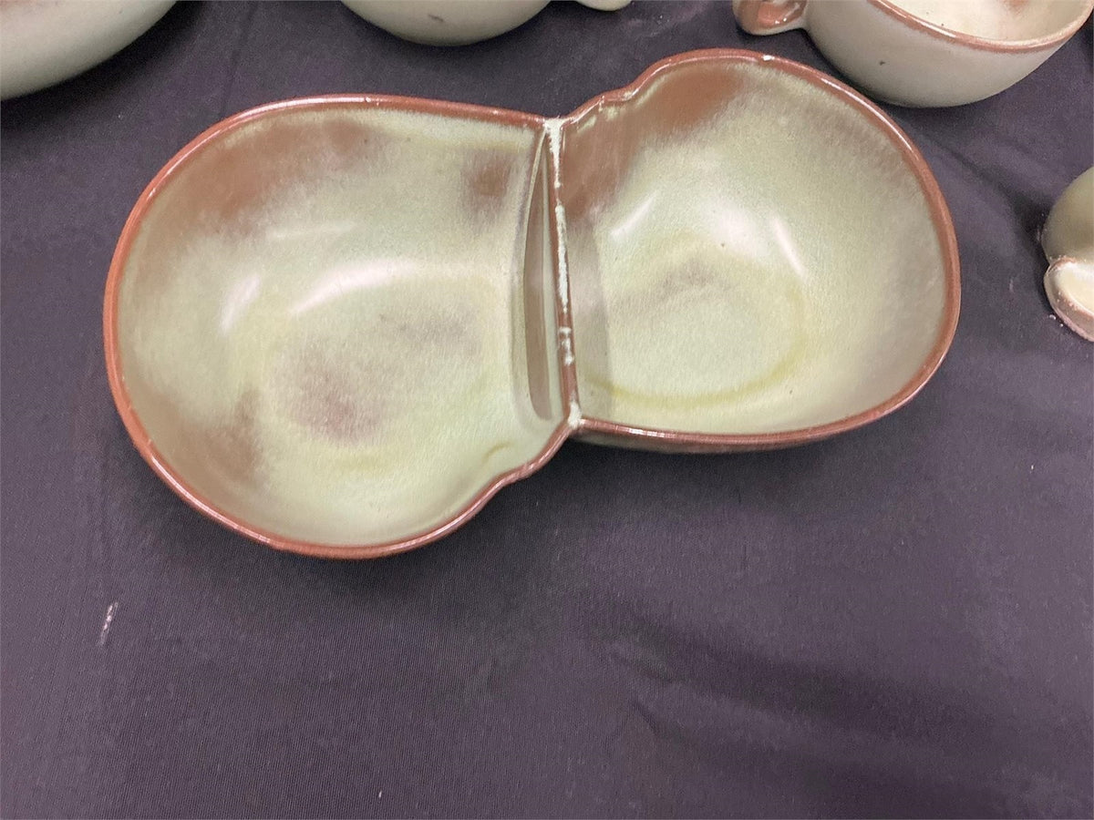 Vintage Frankoma Pottery Prairie Green Condiment/Relish Set Lot, Red Clay As-Is – photo 3