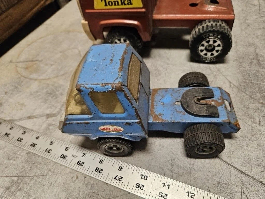 Vintage Tonka Car Carrier Lot 2 Semi Trucks & 2 Trailers Pressed Steel – photo 5