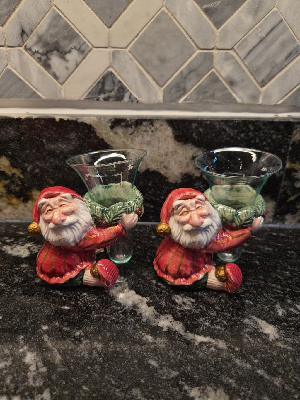 Vtg 1970s Fitz & Floyd Santa Candle Ring Holders Pair FF185 Glass Inserts Box – photo 2