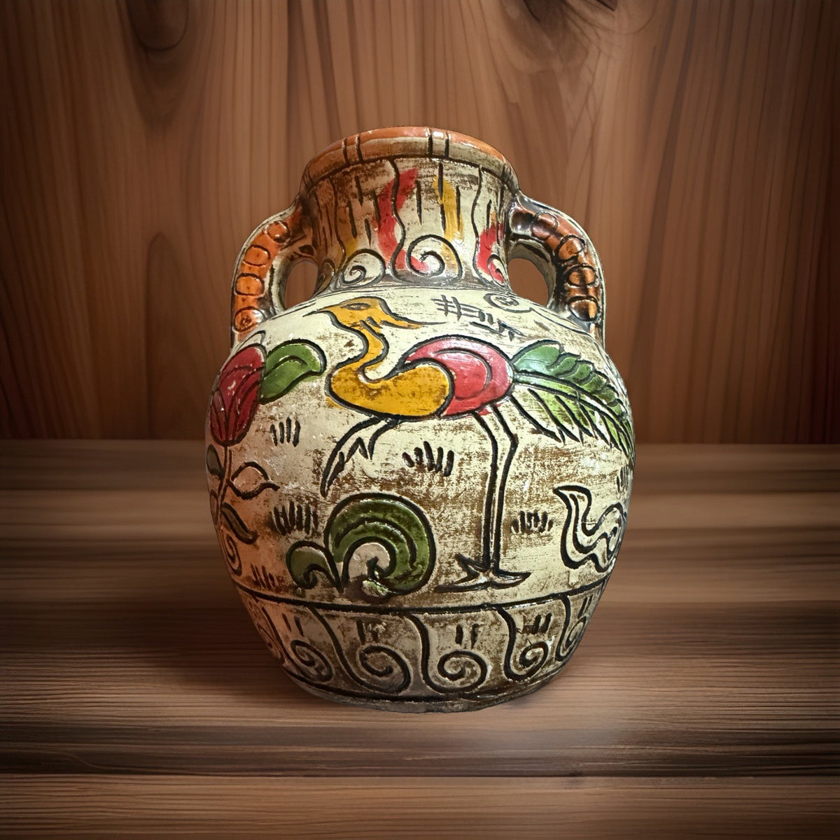 Vintage Made in Japan Double Handle Pottery Vase Bird Floral Design 6.5” – photo 2